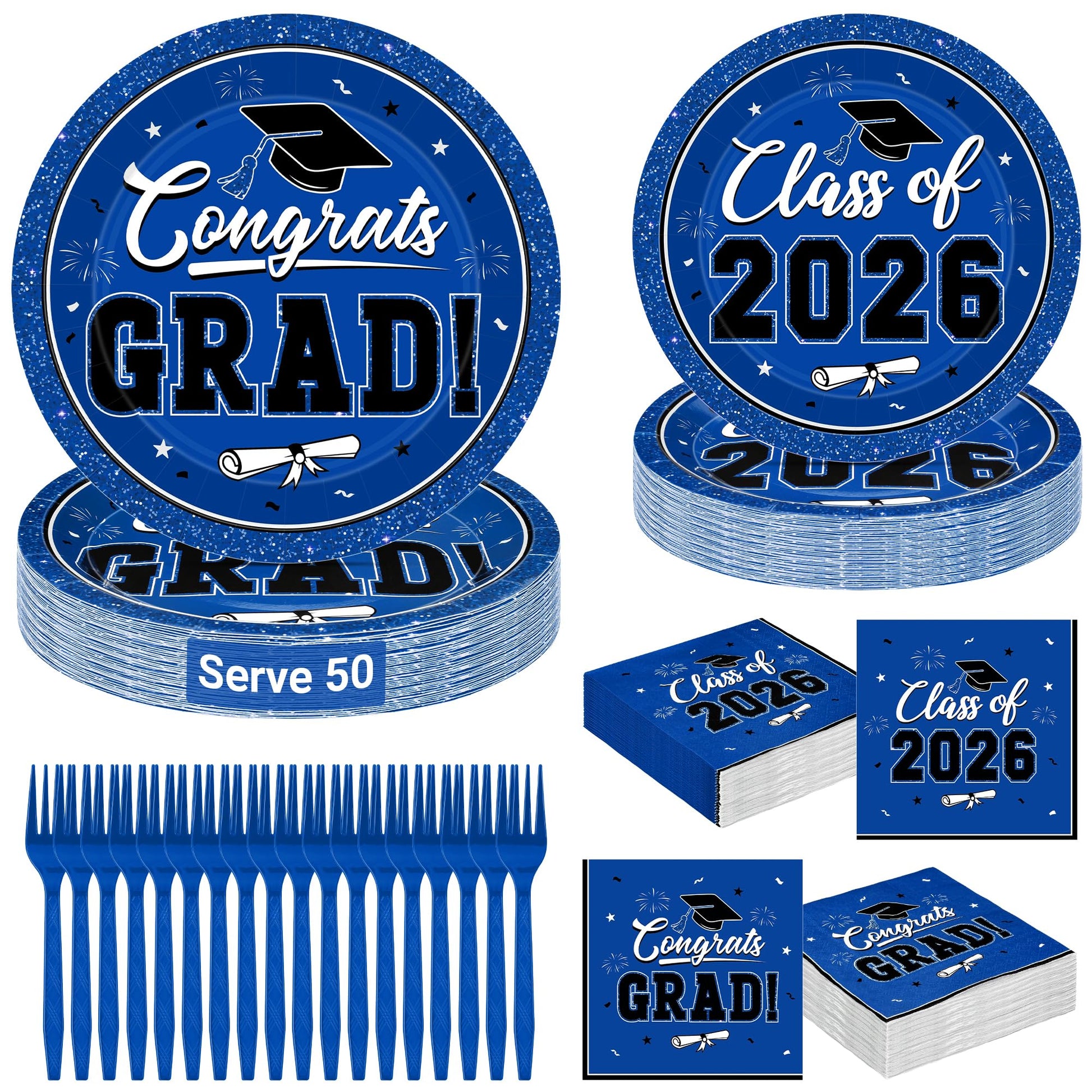 200Pcs Graduation Decorations 2026, Blue Graduation Plates and Napkins Party Supplies for 50