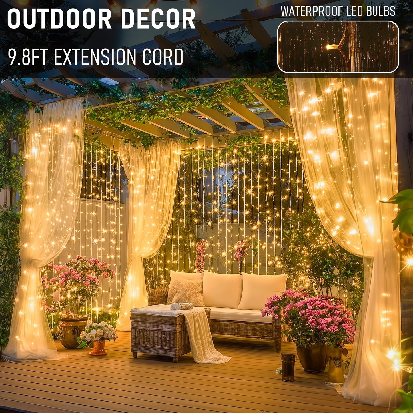 Dazzle Bright 300 LED Curtain Lights, Plug in Fairy Curtain Lights for Bedroom, Christmas Hanging