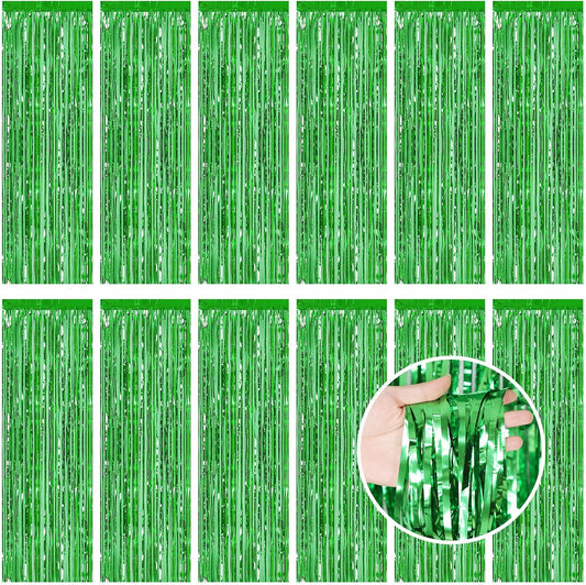 Green Fringe Curtain Party Streamers, 12 Pack 3.3ft x 8.2 ft Foil Curtain Backdrop Tinsel Foil Fringe Curtains Photo Booth Backdrop Streamer for Birthday, Wedding, Baby Shower, Disco Party