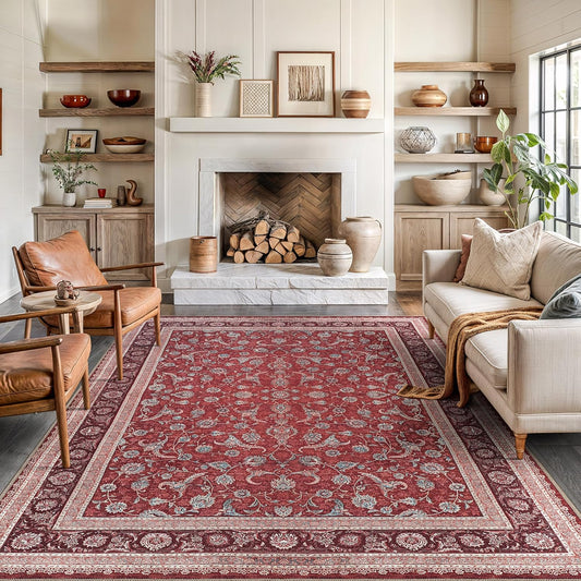 Bloom Rugs Washable Non-Slip 8' x 10' Rug - Red/Beige Traditional Bordered Area Rug for Living Room, Bedroom, Dining Room, and Kitchen - Exact Size: 8' x 10'