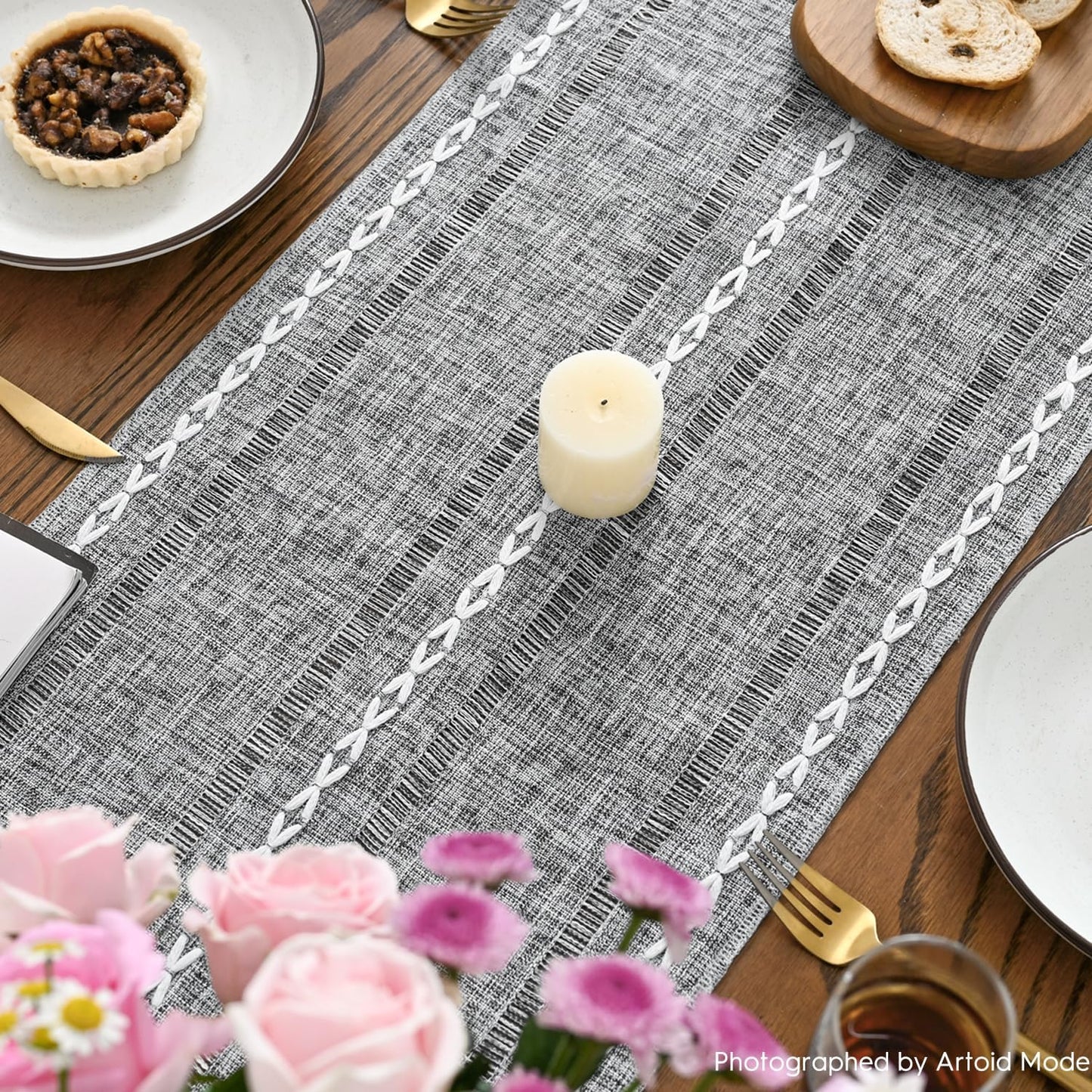 Artoid Mode Dark Grey Rustic Cotton Linen Table Runner, Seasonal Embroidered Hollow Kitchen Dining Table Decoration for Home Party Decor 13x90 Inch