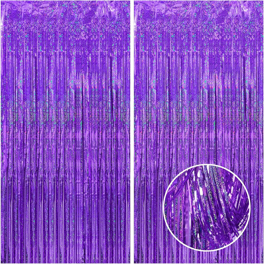 CANREVEL 2 Pack 3.3x8.2 Feet Laser Purple Foil Fringe Backdrop Curtains, Glitter Tinsel Streamers for Mermaid Birthday Party Decorations, Graduation, Halloween, Disco Party