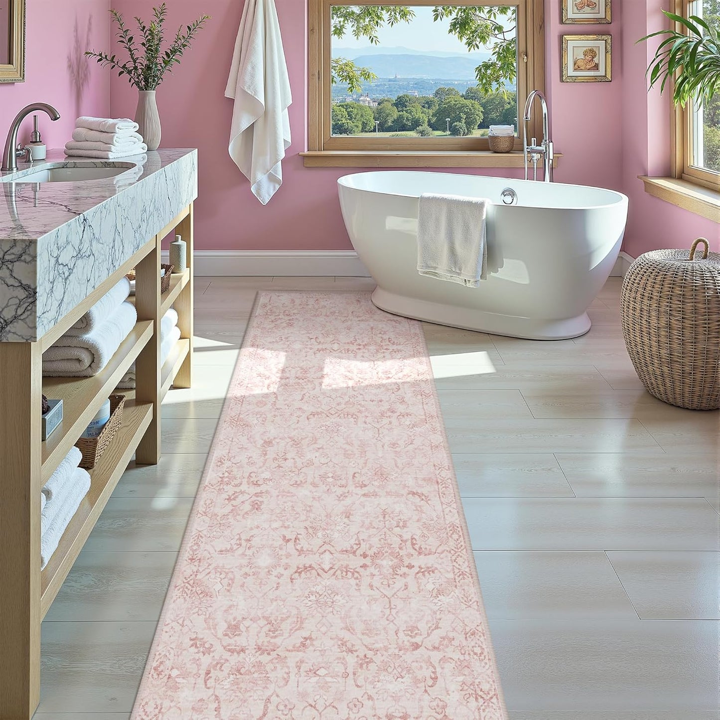 Pink 3x10 Runner Rug for Hallways Bed Side Kitchen, Boho Washable Distressed Low-Pile Floor Entryway Long Bathroom Mat, Non-Slip Laundry Room Washstand Front Carpet Green 36x84 Inch