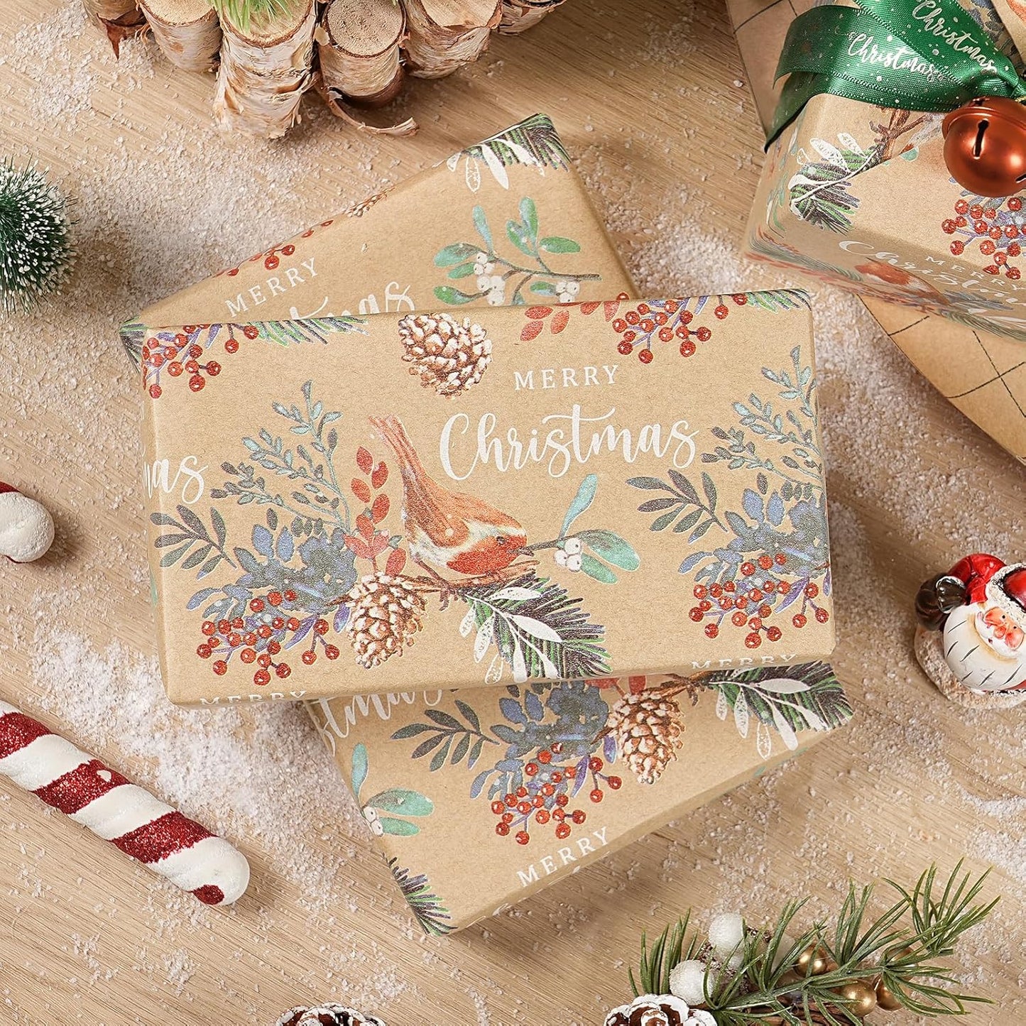 RUSPEPA Kraft Christmas Wrapping Paper Roll, Mini Roll, Vintage Bird on Pine Branch Design with Merry Christmas, Natural Scene Gift Wrap for Women, Friends, Family, Xmas Gifts, 17 Inches x 16.4 Feet