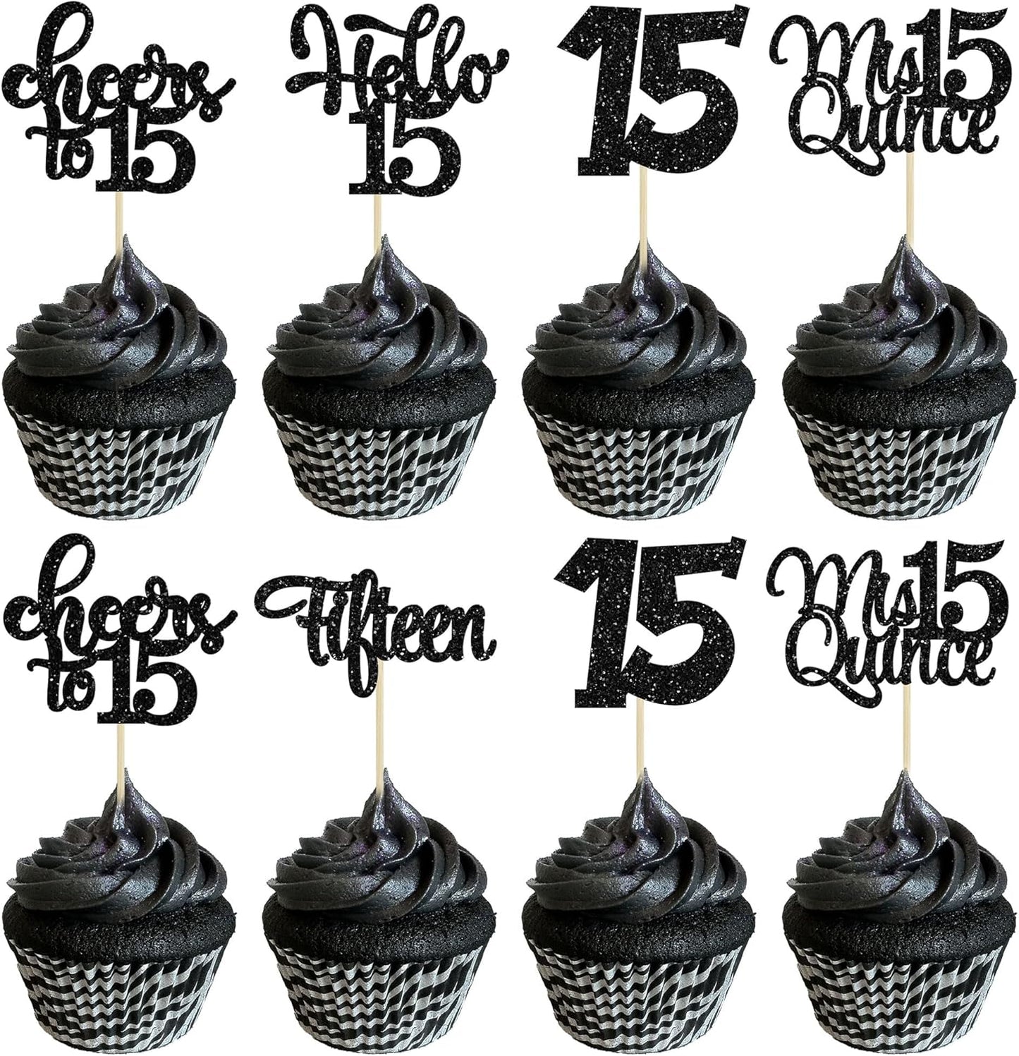 30Pcs 15th Birthday Cupcake Toppers Fifteen Cupcake Picks Cheers to 15 Years Old Mis Quince 15 Cake Decorations for 15th Birthday Anniversary Party Black Glitter