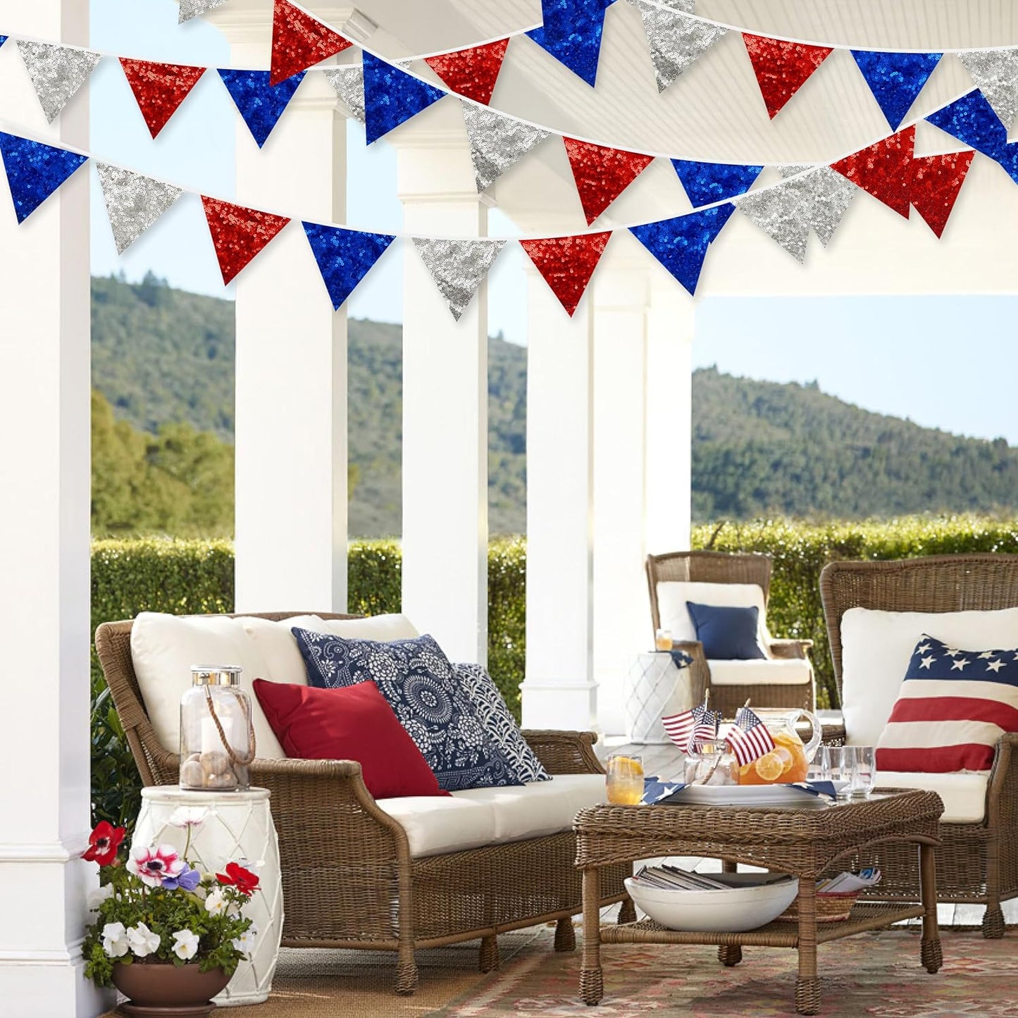 pinkblume Red Blue Silver Decorations Double Sided Sequin Fabric Triangle Pennant Banner Flag Bunting Garland for Nursery Classroom Home Bedroom Wall 4th of July American Veterans USA Holiday Decor