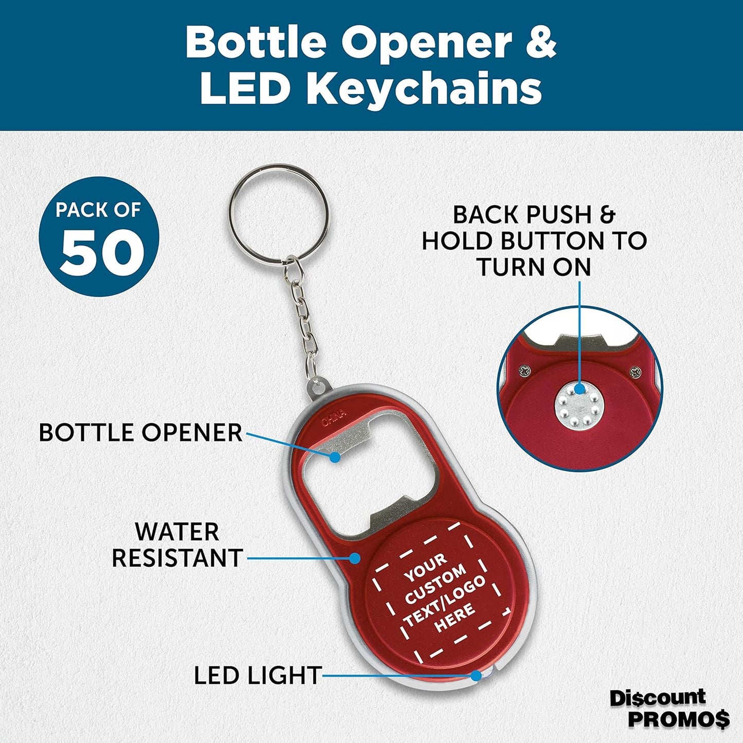 DISCOUNT PROMOS Custom Bottle Opener & LED Keychains Set of 50, Personalized Bulk Pack - Perfect for Tradeshows, Party Favors, Other Events - Red