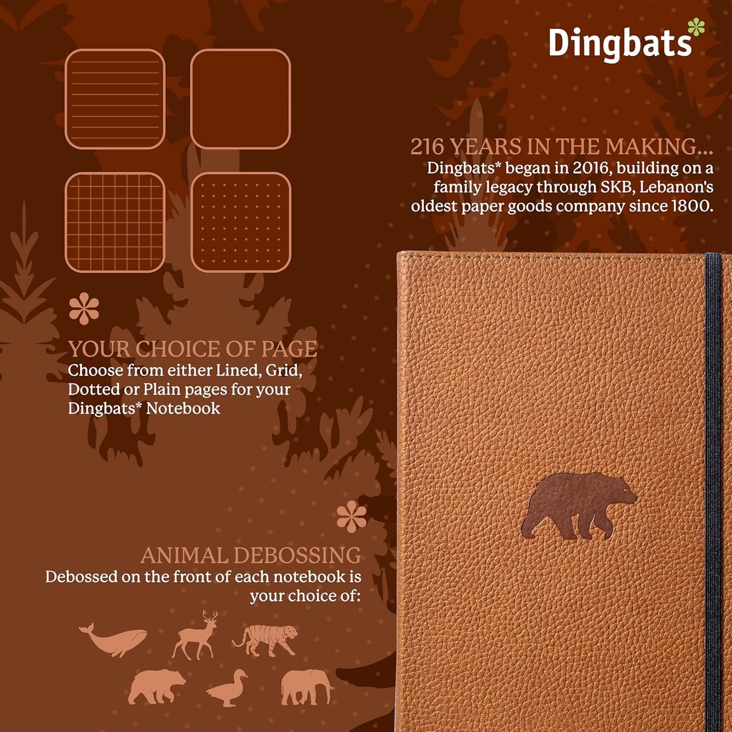 Dingbats* Wildlife Dotted Writing Journal Notebook A5 - Vegan Leather Hardcover - Ideal for Work, Travel - Pocket, Elastic Closure, & Bookmark