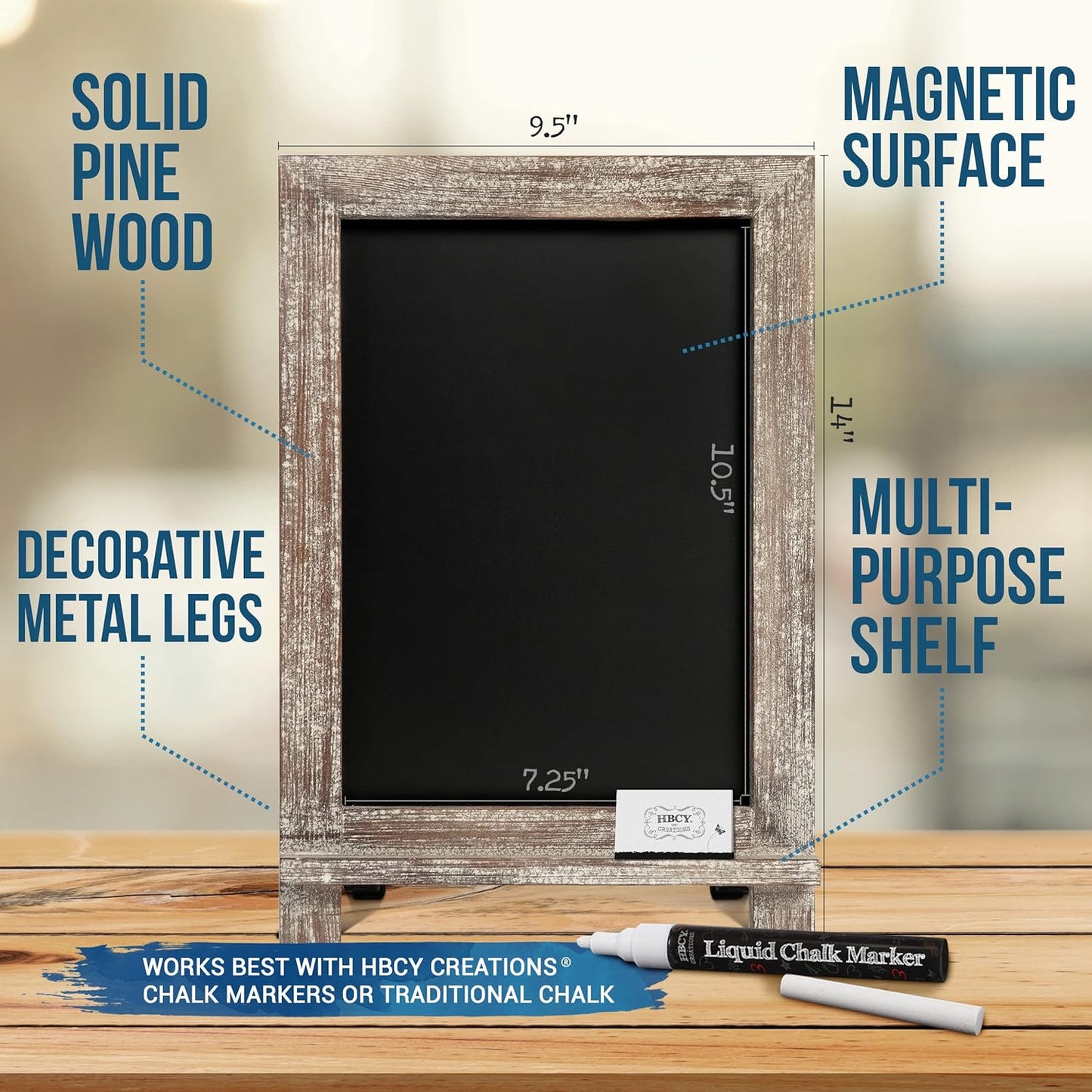 HBCY Creations Rustic Wooden Tabletop Chalkboard with Legs/Vintage Wedding Table Sign/Small Kitchen Countertop Memo Board/Antique Wooden Frame (9.5” x 14” Inches) (5- Weathered Brown)