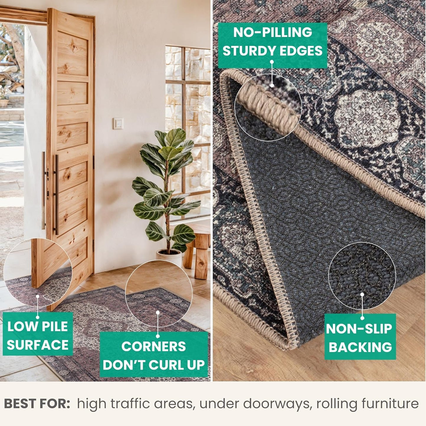 Bloom Rugs Washable Non-Slip 3' x 5' Rug - Cream/Green Traditional Medallion Area Rug for Living Room, Bedroom, Dining Room, and Kitchen - Exact Size: 3' x 5'