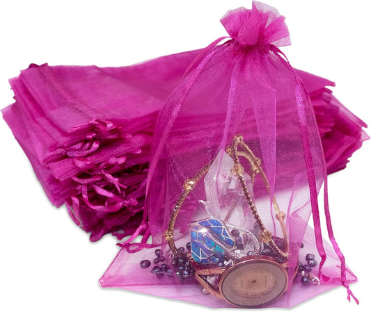 TheDisplayGuys 48-Pack 6x8 Hot Pink Sheer Organza Gift Bags with Drawstring, Jewelry Candy Treat Wedding Party Favors Mesh Pouch