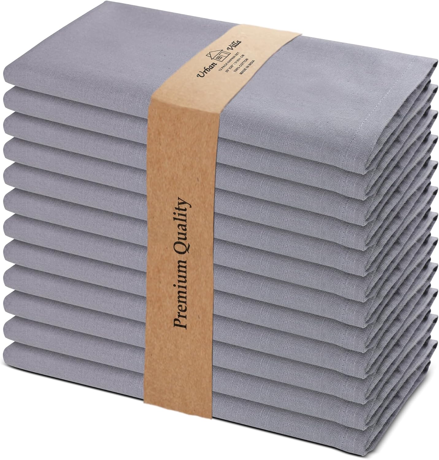 Urban Villa Dinner Napkins Solid Grey Color Cloth Napkins (Set of 12) Oversized 20x20 Inches 100% Cotton Slub Premium Quality Soft Durable with Mitered Corners Reusable Washable Everyday Use Napkins