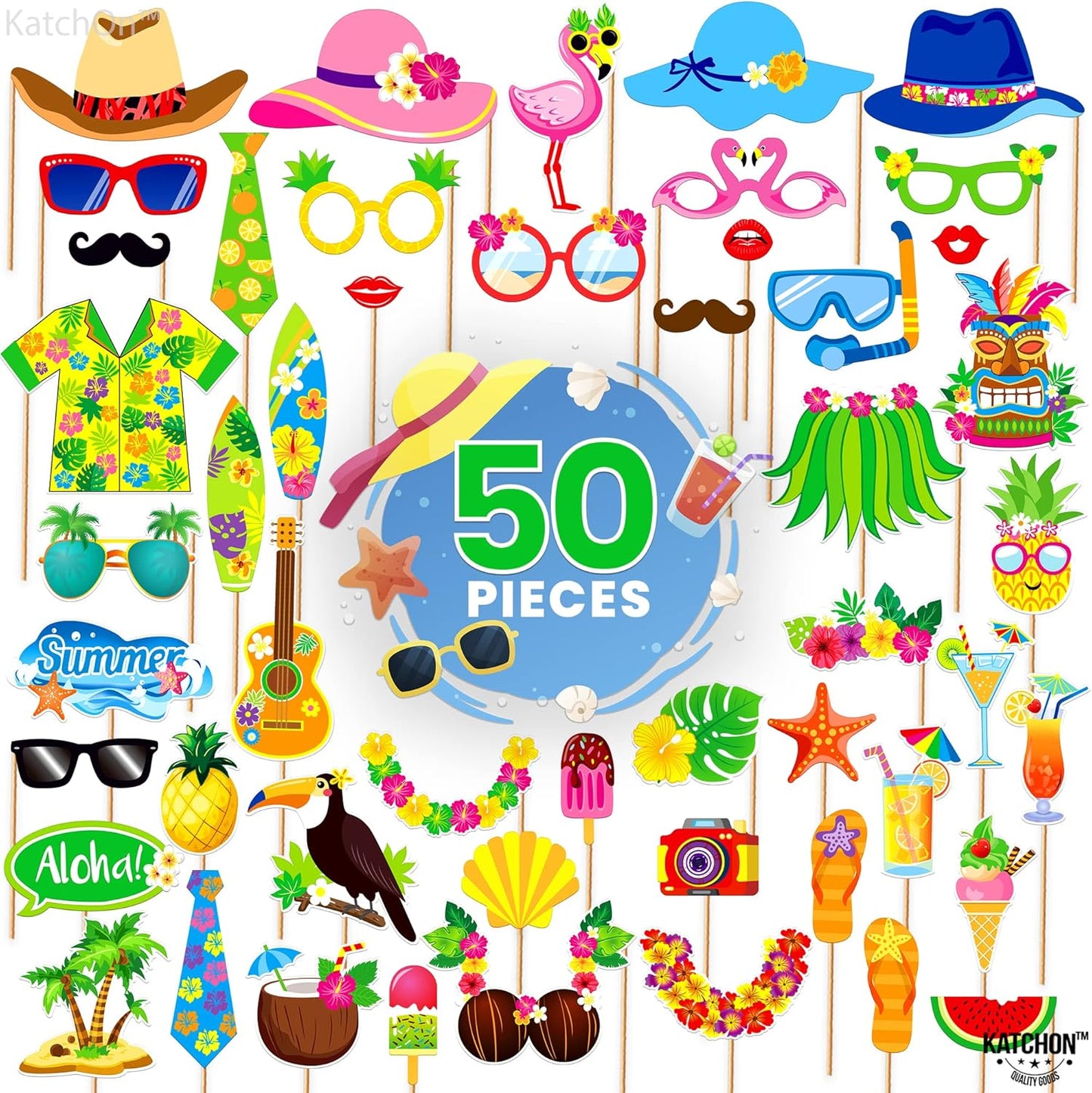 KatchOn, Tropical Hawaiian Photo Booth Props - Pack of 50, Luau Party Decorations | Luau Photo Booth Props for Hawaiian Party Decorations | Luau Photo Props, Aloha Party Decoration, Summer Party Décor