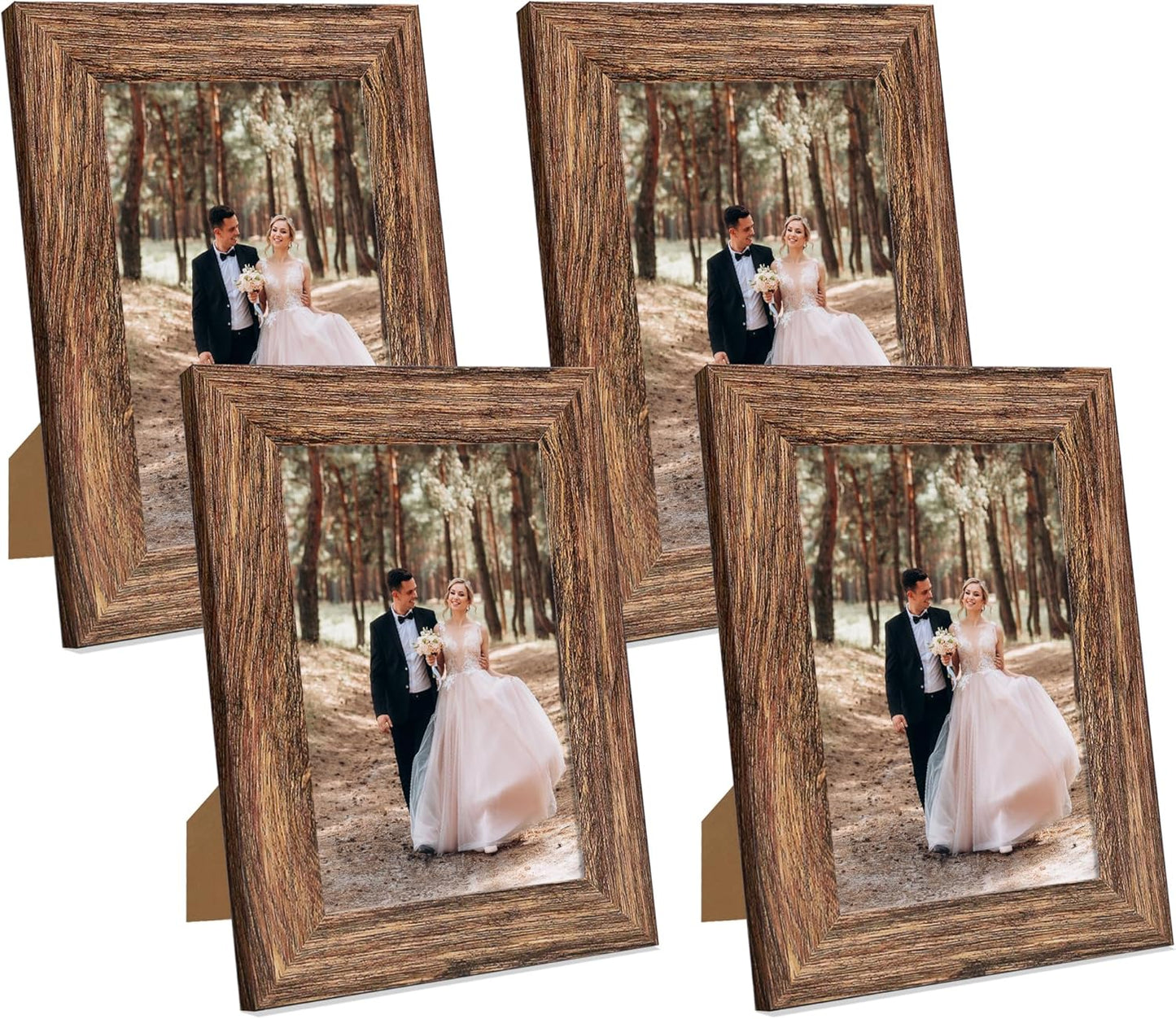 5x7 Picture Frame Set of 4, High Definition Glass Brown Frame, 5 x 7 Wood Rustic Photo Frames for Horizontal or Vertical Table Top and Wall Mounting