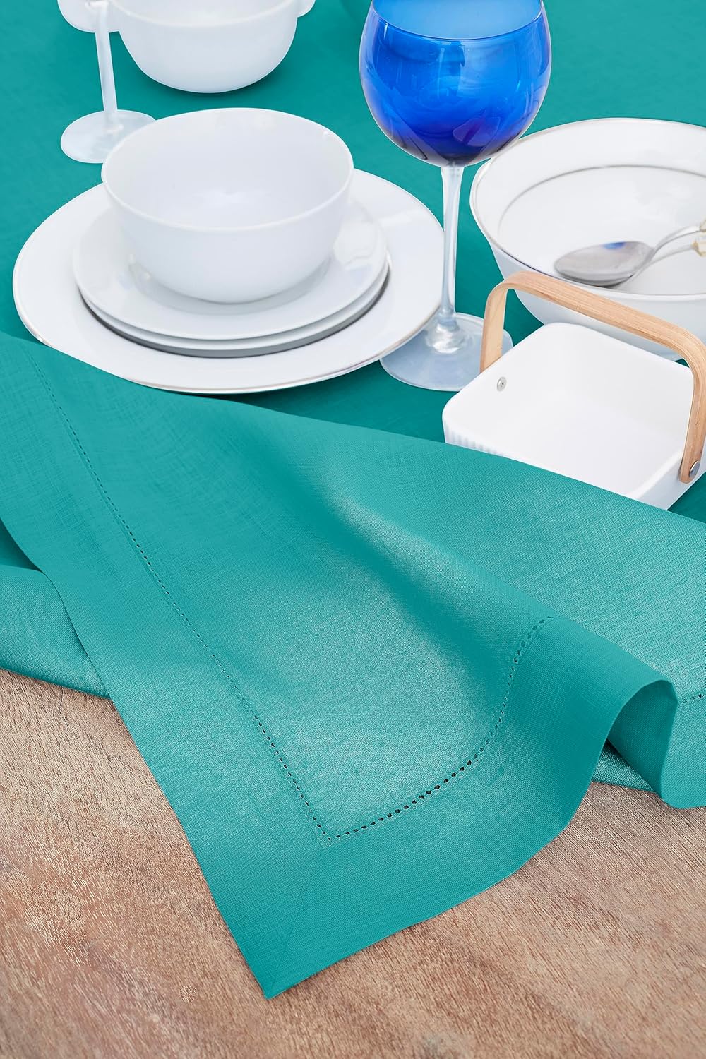 Solino Home Teal Linen Tablecloth 60 x 108 Inch - Classic Hemstitch, 100% Pure Linen Rectangular Tablecloth - Machine Washable Table Cloth for Fall, Autumn, Thanksgiving, Christmas