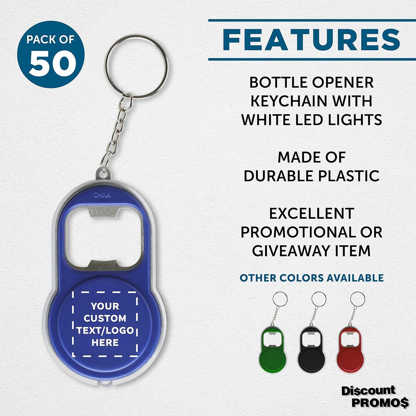 DISCOUNT PROMOS Custom Bottle Opener & LED Keychains Set of 50, Personalized Bulk Pack - Perfect for Tradeshows, Party Favors, Other Events - Blue