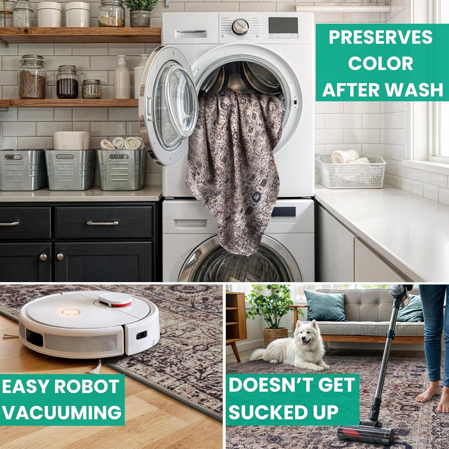 Bloom Rugs Washable Non-Slip 9' x 12' Rug - Light Tan/Blue Traditional Oriental Area Rug for Living Room, Bedroom, Dining Room, and Kitchen - Exact Size: 9' x 12'