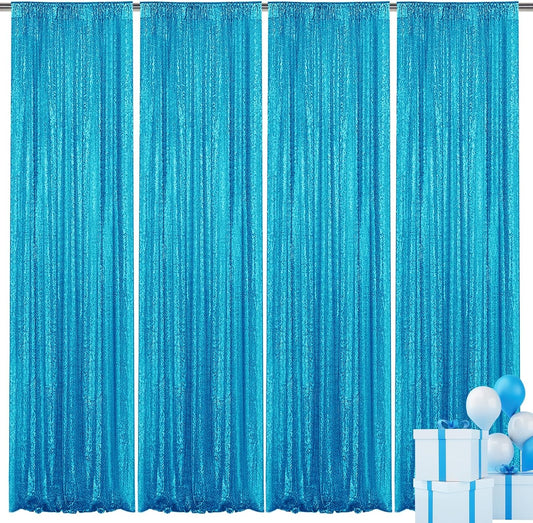 Turquoise Sequin Backdrop Curtain 4 Pieces 2FTx8FT Glitter Photography Backdrop for Party Wedding Birthday Christmas Decorations