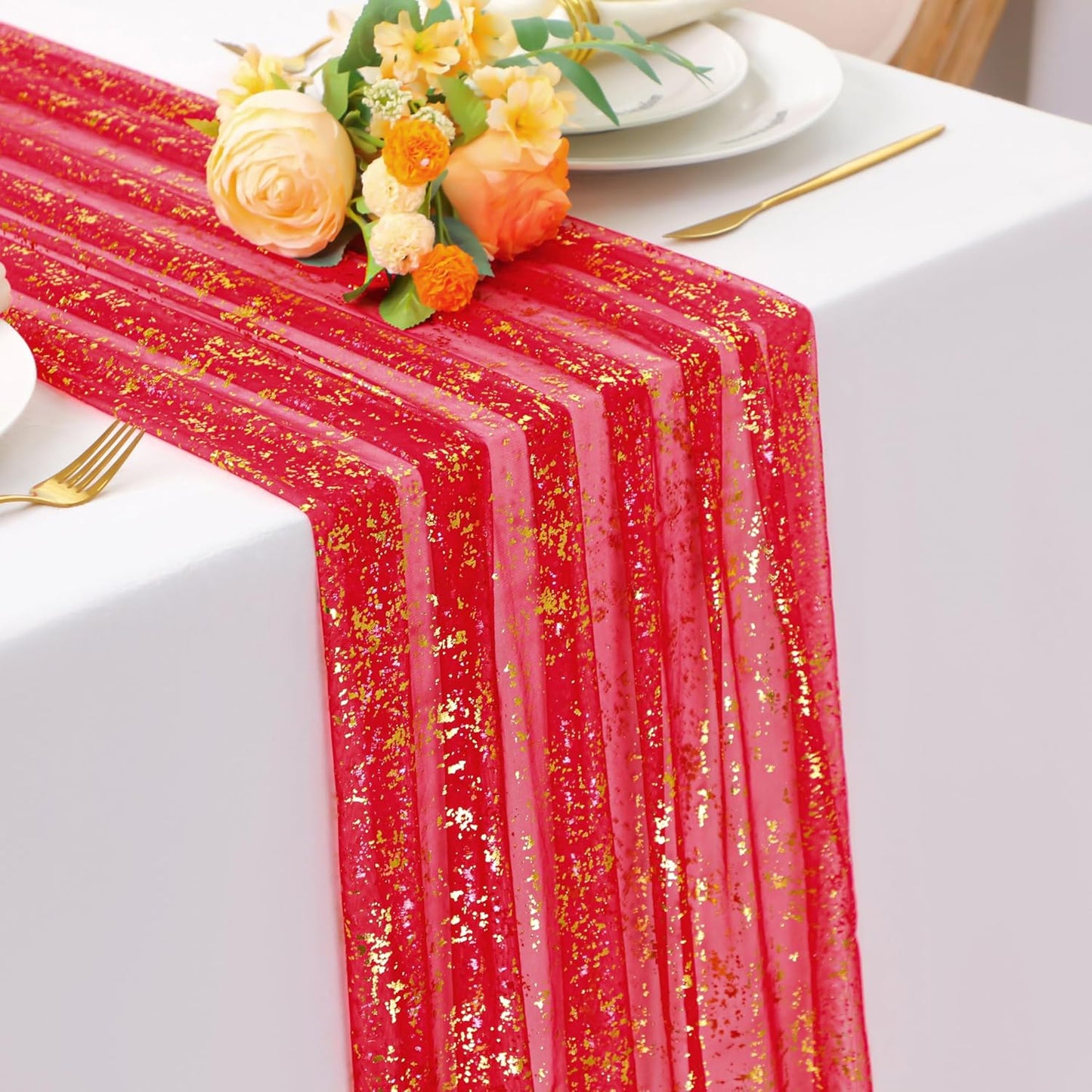 Snowkingdom 10FT Red Gold Table Runner, Sequin Glitter Sheer Chiffon Gauze Cheesecloth Runner 120 Inch, Red and Gold Party Decorations for Wedding Anniversary Birthday Graduation Christmas Holiday