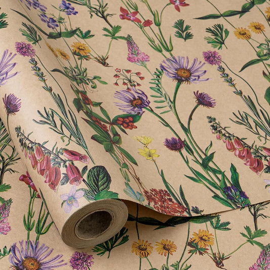 RUSPEPA Wildflower Floral Wrapping Paper Roll for Women, 17 Inches x 9.8 Feet, Mini Roll, Herbal Kraft Wrapping Paper for Christian Gifts, Birthdays, Weddings, Bridal Shower and Engagement
