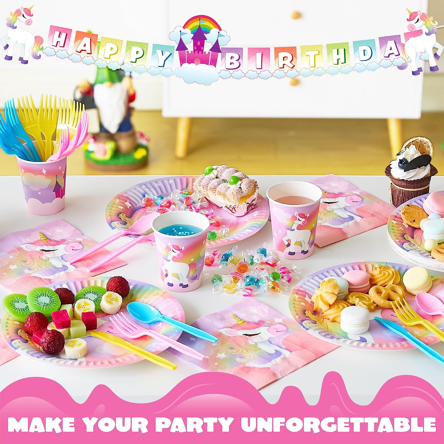 JOYIN 145 Pcs Unicorn Birthday Party Supplies with Unicorn Banner for Girls, 24 Serves Unicorn