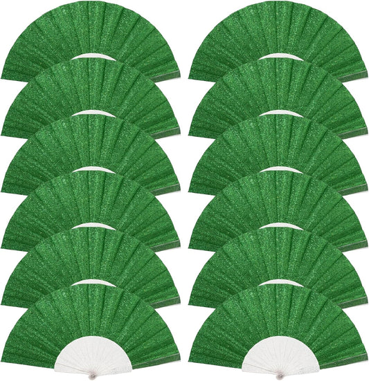 12 Pack Handheld Fan,Folding Hand Glitter fan with Shining Transparent Fan Rib – Ideal for Wedding, Church, Festival, Dance, Tea Party, Club, and EDM Accessories, Light green