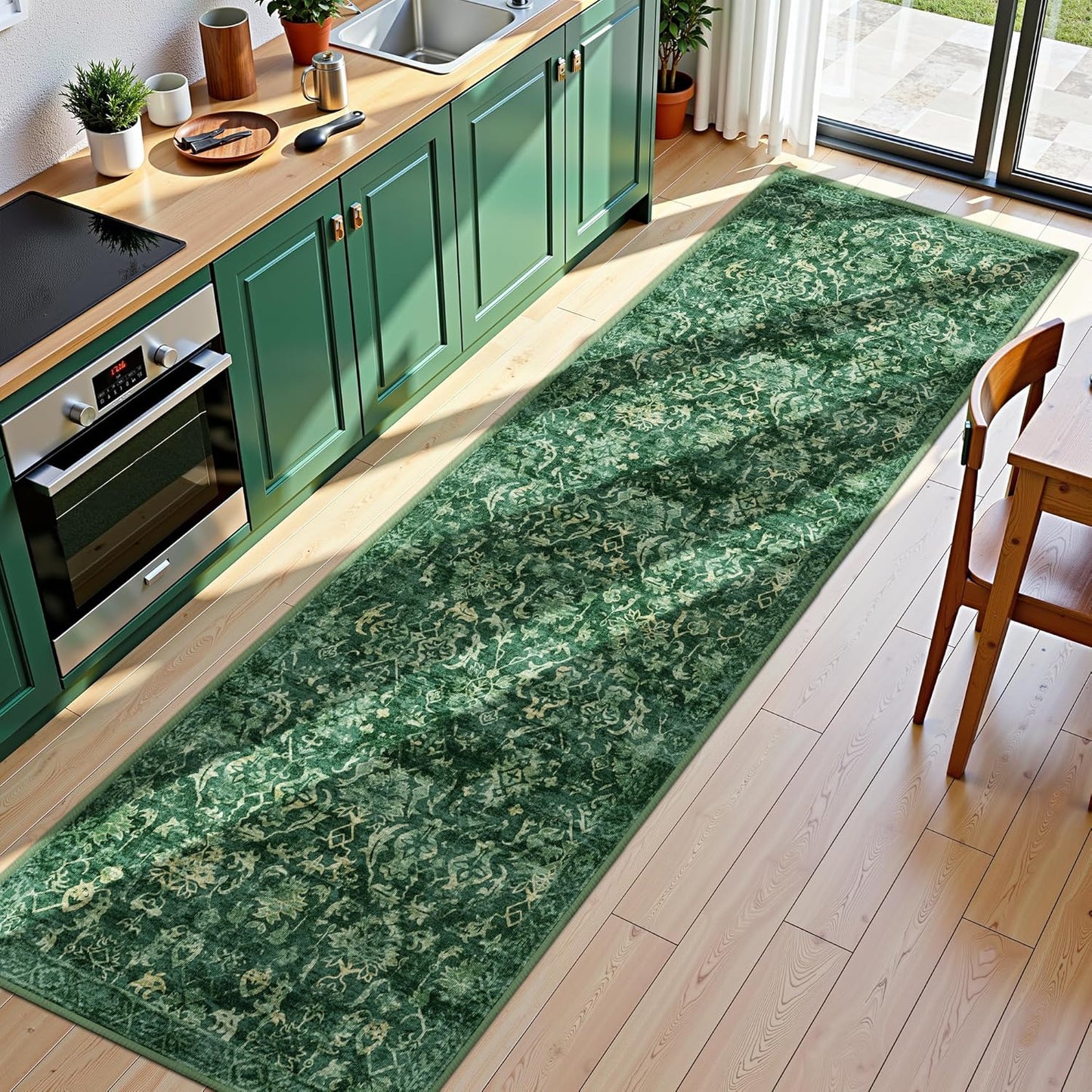 Dark Green 3x12 Runner Rug for Hallways Bed Side Kitchen, Boho Washable Distressed Low-Pile Floor Entryway Long Bathroom Mat, Non-Slip Laundry Room Front Carpet Green 36x144 Inch