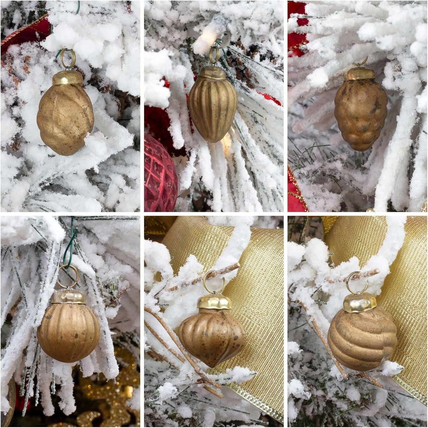 AuldHome Mercury Glass Finial Ornaments (Set of 12, Gold, Small); Distressed Metal Antique Style Christmas Tree Decorations; 1.3 to 2-Inch Size