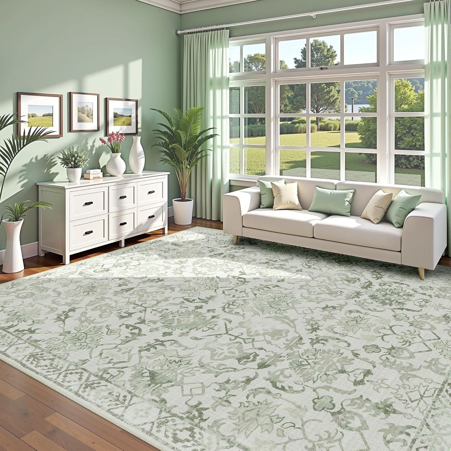 Sage Neutral Large Area Rug10x12 for Living Room, Washable Rug for Dining Room Bedroom, Anti-Slip Low-Pile and Soft Accent Rug Farmhouse Office Home Decor Light Green