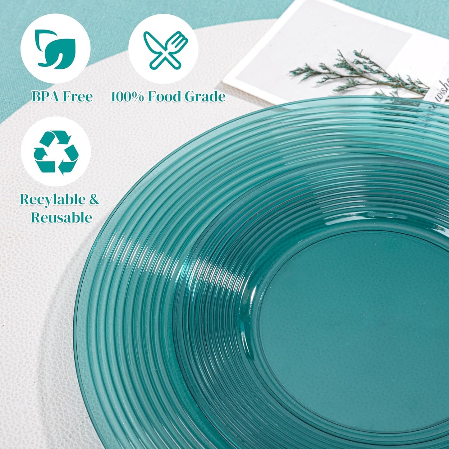 FLOWERCAT 100PCS Clear Blue Plastic Plates - Heavy Duty Plastic Plates Disposable -Straw hat plate for Summer party &Wedding - Serve for 50Guests party(10inch & 7inch)(Mediterranean Blue)