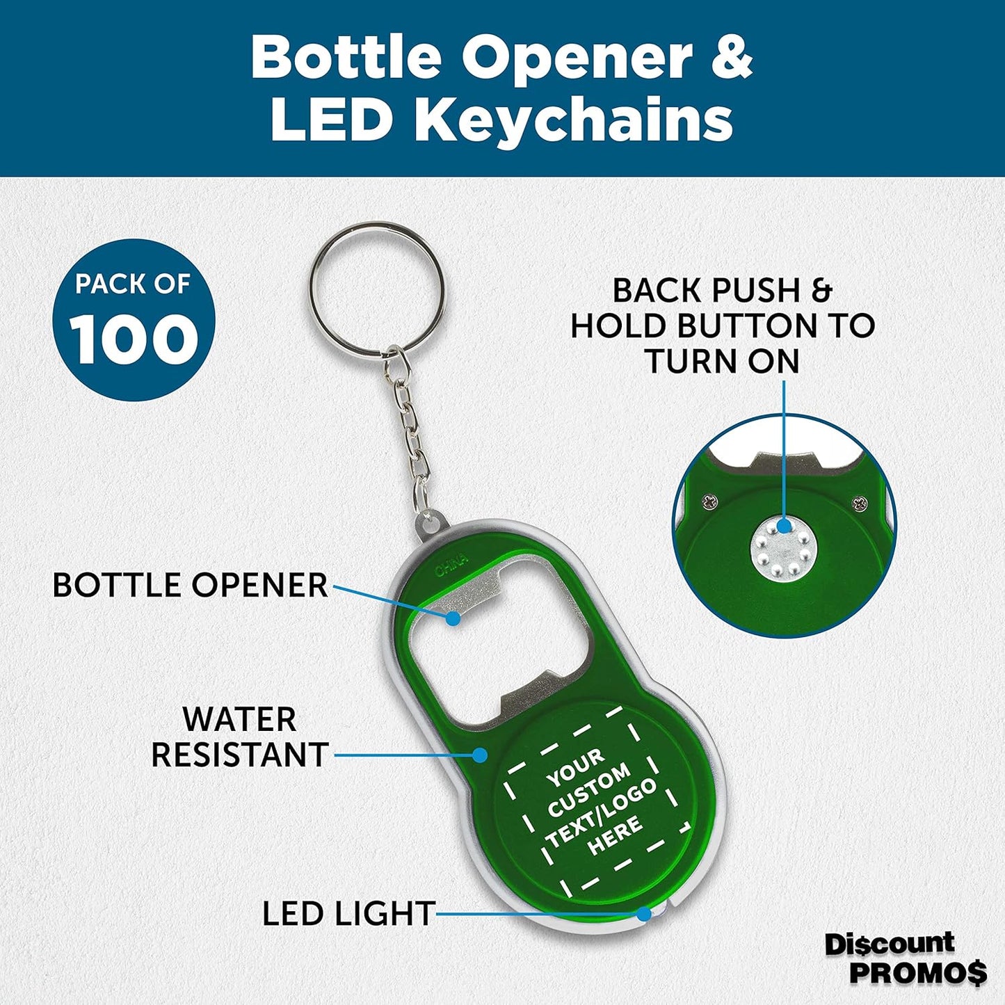 DISCOUNT PROMOS Custom Bottle Opener & LED Keychains Set of 100, Personalized Bulk Pack - Perfect for Tradeshows, Party Favors, Other Events - Green