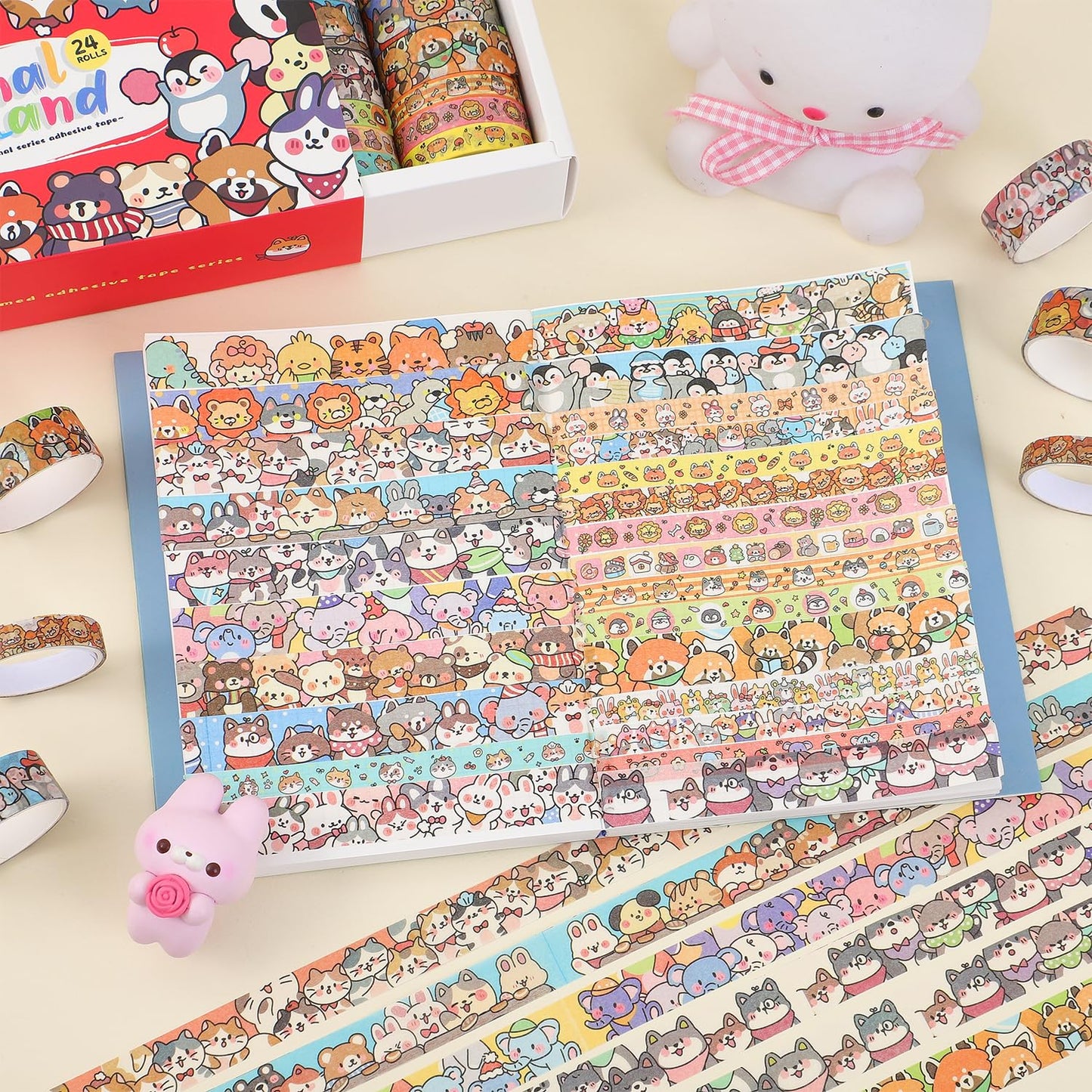 24 Rolls Colorful Cute Cartoon Animal Writable Washi Tape Set, Decorative Tapes for Scrapbooking and Journaling, Junk Journal Supplies, Bullet Journaling for Women Girl 8-15mm Wide 9.84ft Long/Roll