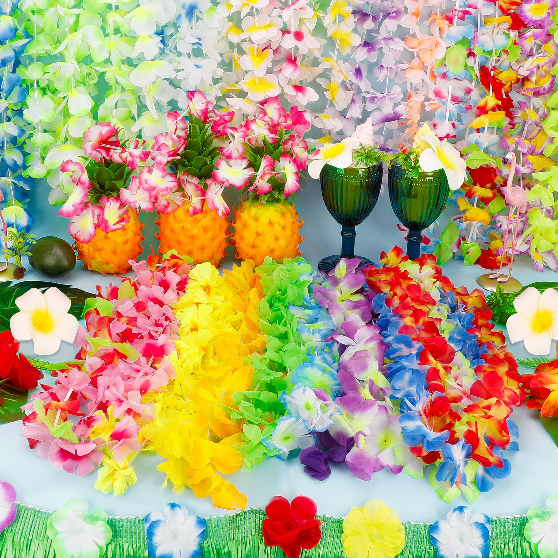 Arrowom 24pcs Hawaiian Leis Bulk Luau Party Silk Flower Necklace Colorful Tropical Hawaiian Bulk