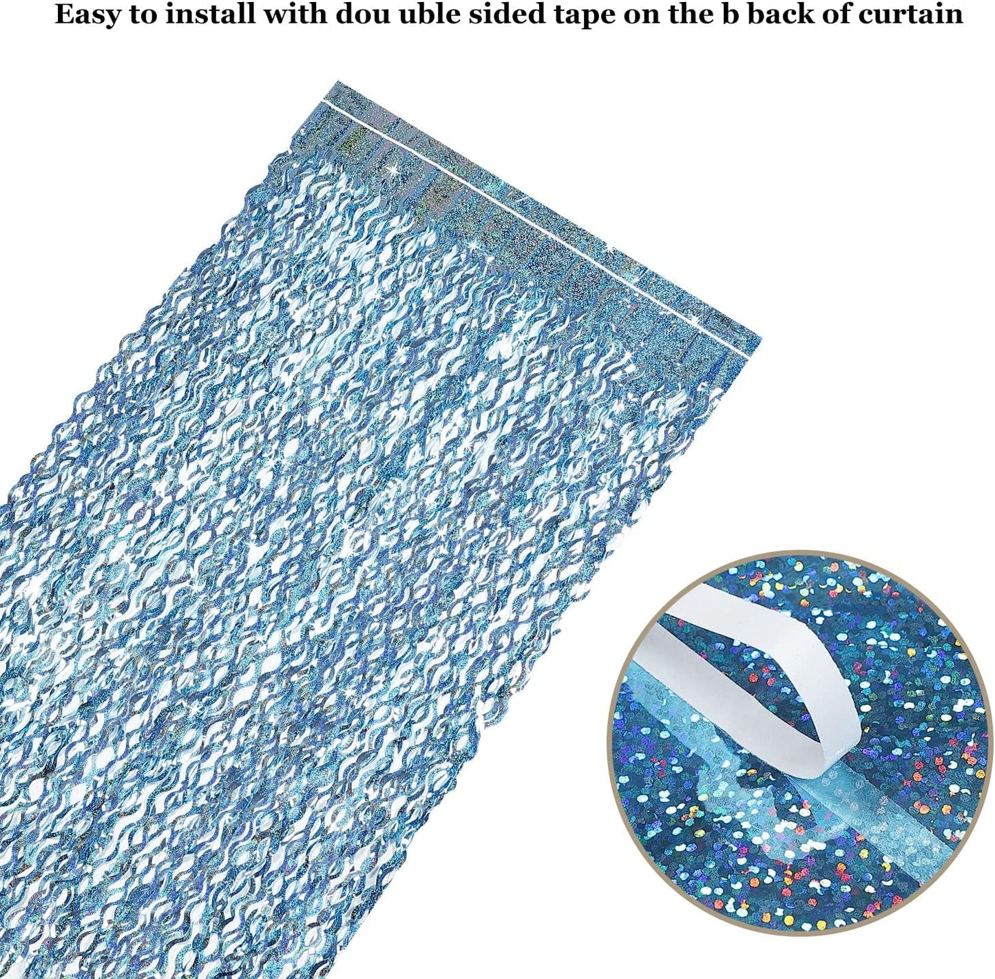 4 Pack Light Blue Party Foil Curtain - CYLMFC 3.3 ft x 6.6 ft Wavy Photo Booth Backdrop Metallic Tinsel Foil Fringe Curtains Environmental Background for Birthday Wedding Party Christmas Decorations