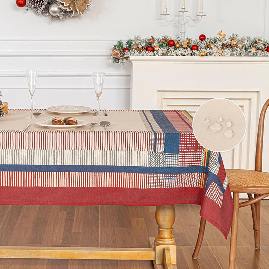 MYSKY HOME Cotton Table Cloth, Rustic Striped Fall Tablecloth, Farmhouse Table Cloth Waterproof Wrinkle Free Halloween Tablecloth Washable for Rectangle/Oblong, 55''x86'', Red
