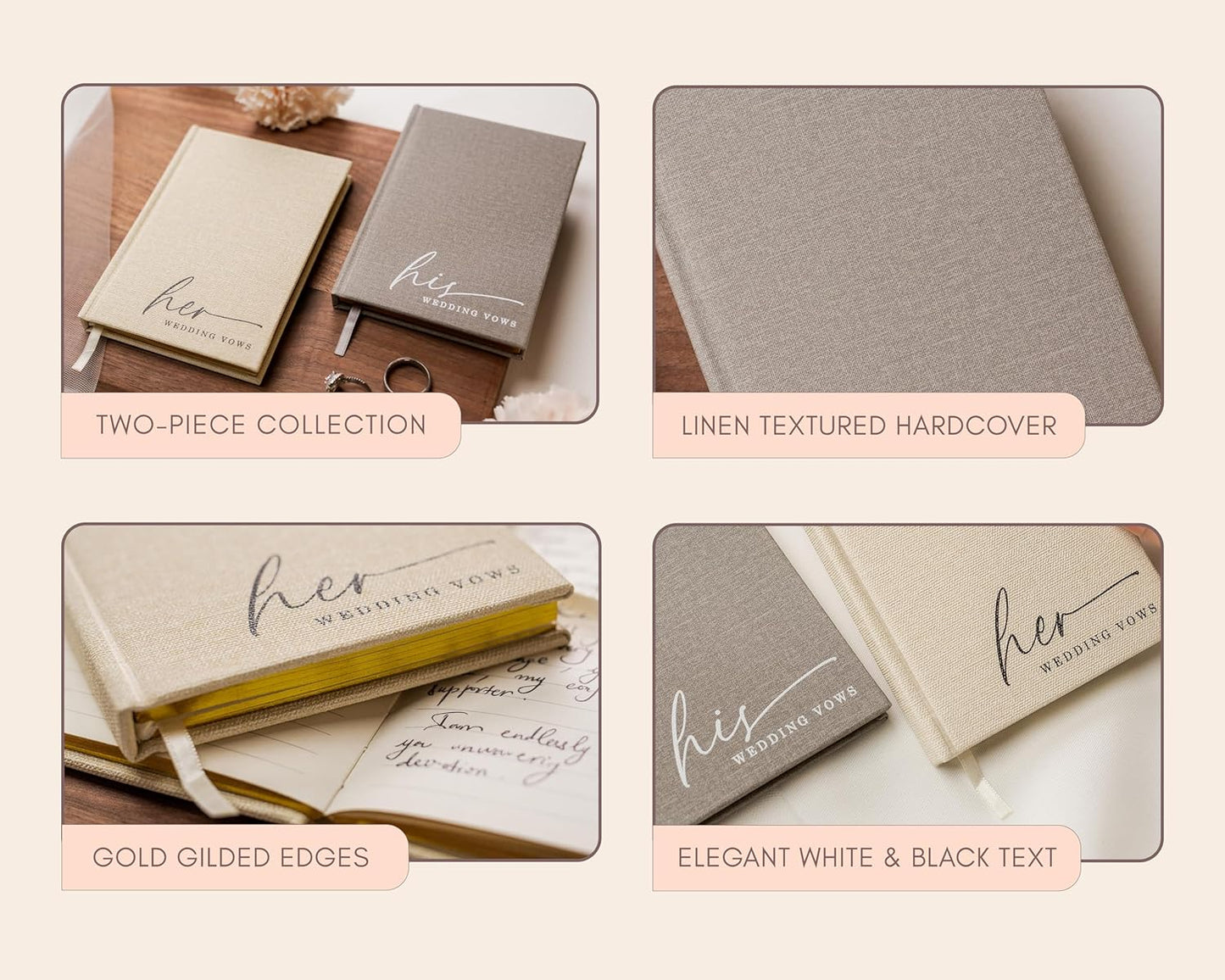 His & Her Wedding Hardcover Vows Books (Set of 2) - 5.75 x 5 Minimalist Pocket Sized Embossed Wedding Ceremony Vow Renewal Speech Notebook Journal