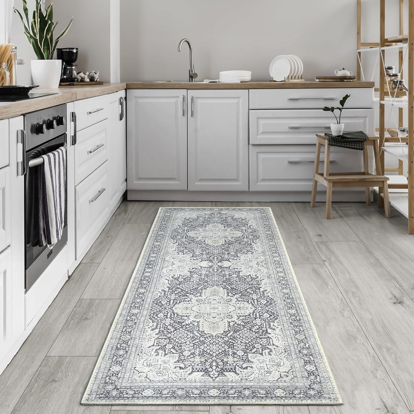 Bloom Rugs Washable Non-Slip 7 ft Runner - Charcoal Blue Traditional Medallion Runner for Entryway, Hallway, Bathroom, and Kitchen - Exact Size: 2.5' x 7'