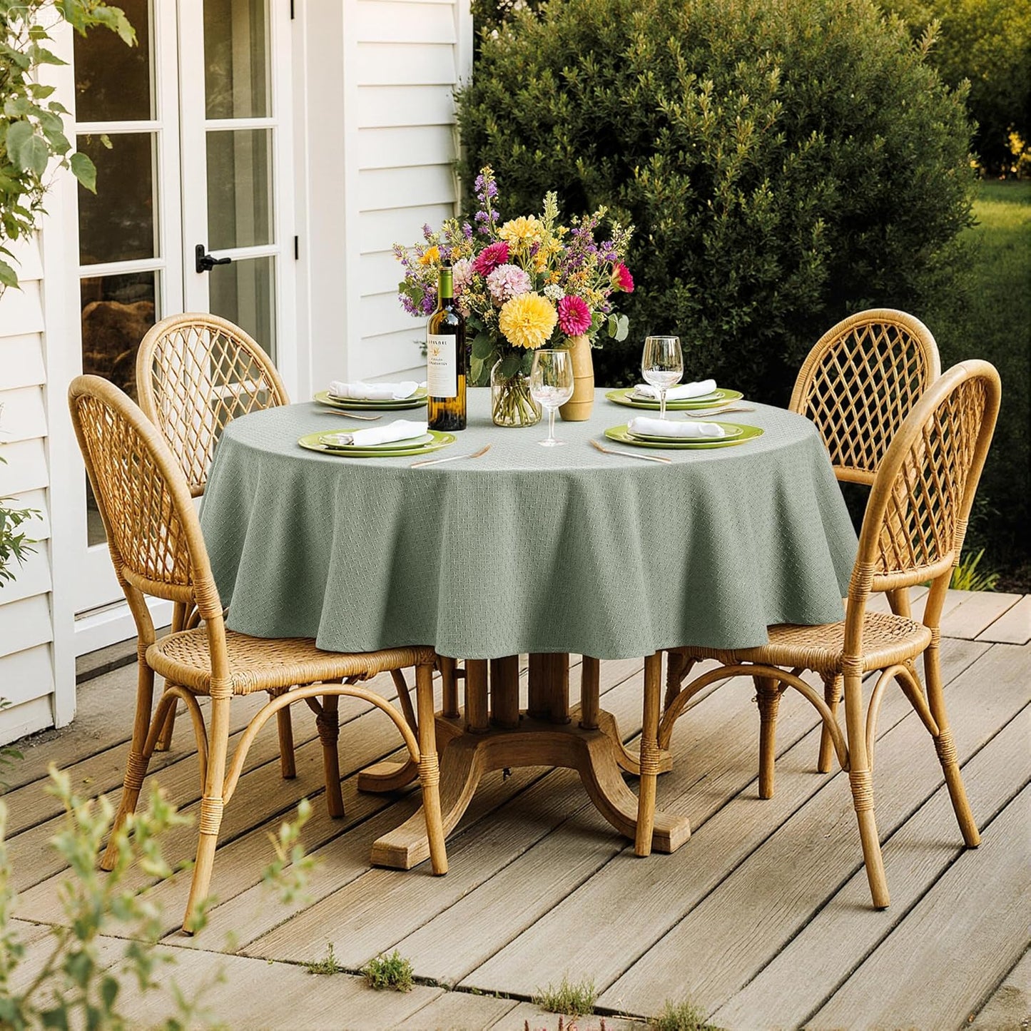 MIULEE Sage Green Linen Cottton Table Cloth Round Tablecloth Waterproof Spillproof Cross-Star Textured Table Cltoth Decorative Farmhouse Style for Dining Party Weddings 60 Inch