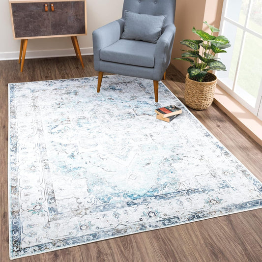 Bloom Rugs Washable Non-Slip 9' x 12' Rug - Beige/Blue Traditional Area Rug for Living Room, Bedroom, Dining Room, and Kitchen - Exact Size: 9' x 12'