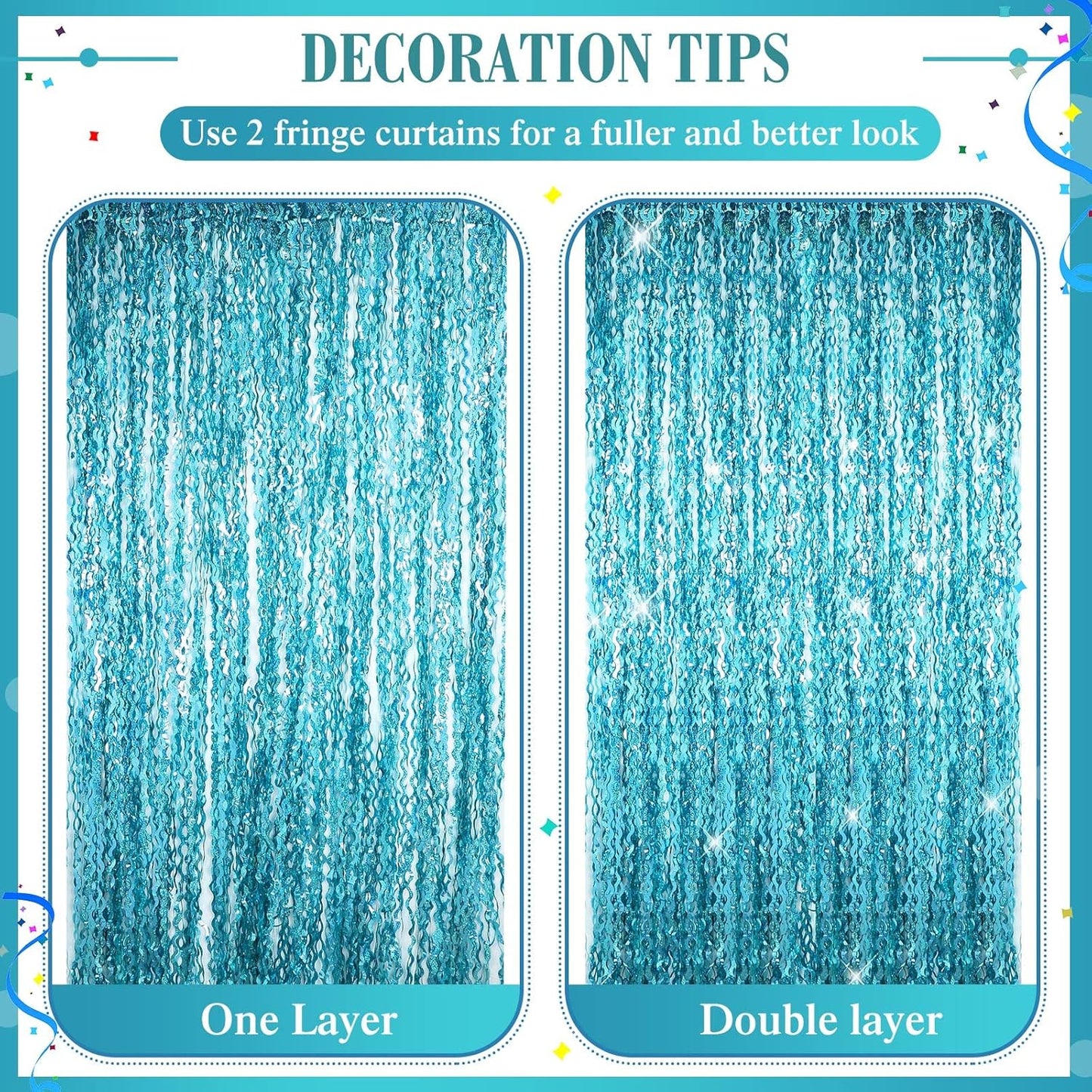 Jutom 6 Pieces 3.3 x 6.6 ft Wavy Tinsel Foil Fringe Curtains Foil Fringe Streamer Backdrop Party Curtain for Sea Mermaid Baby Shower Birthday Party Decoration(Blue Green)