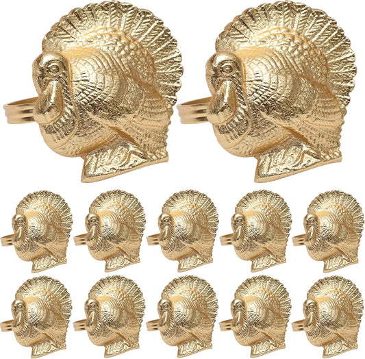 Gold Napkin Rings Set of 12 - Turkey Bird Stylish Metal Lightweight Serviette Holders for Elegant Table Settings | Perfect for Dinner Parties, Holidays, Weddings & Everyday Use - ALPHA Living HOME