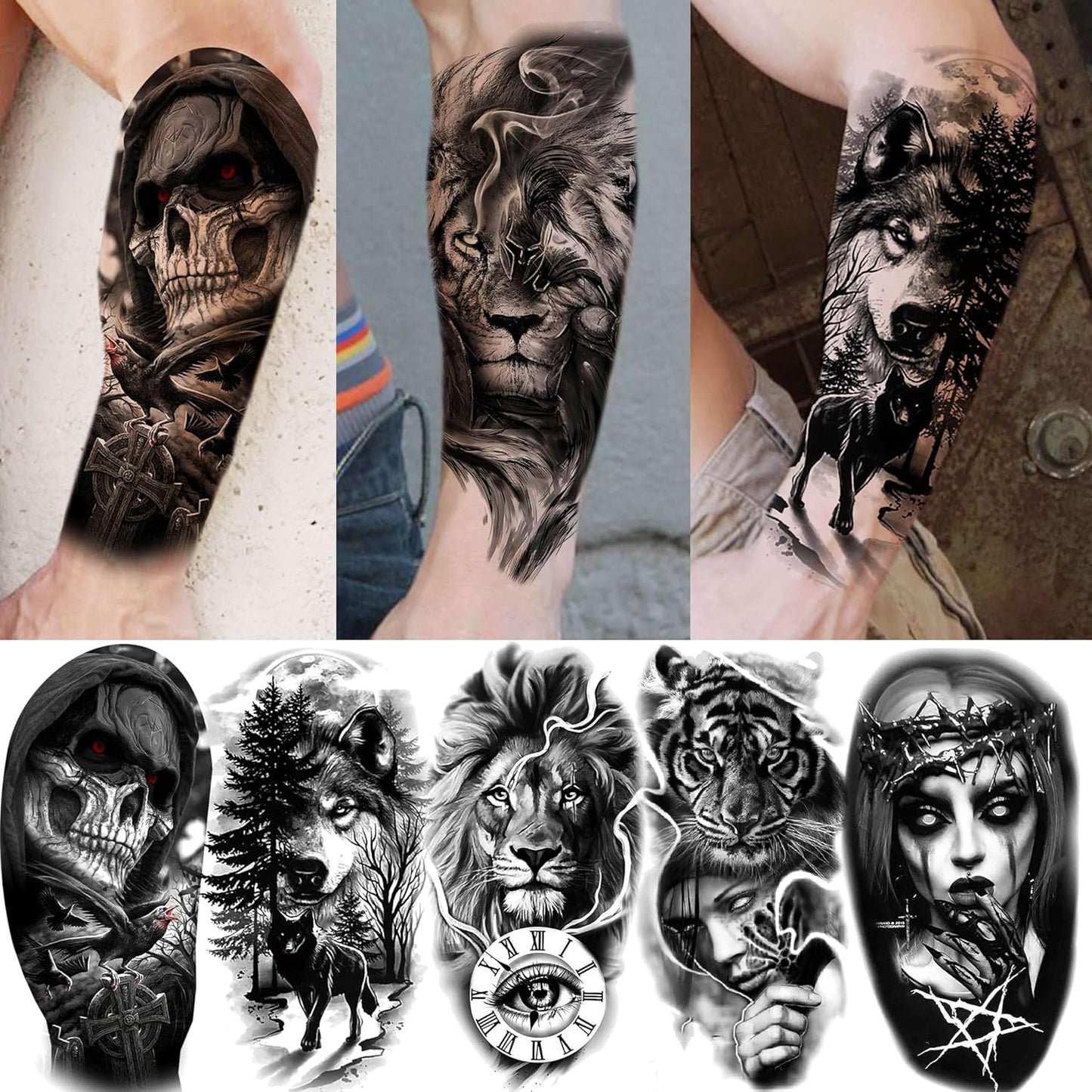 59 Sheets 3D Black Halloween Temporary Tattoos For Men Women Kids, Long Lasting Temp Fake Sleeeve Tattoos For Adults, Large Realistic Skull Skeleton Owl Wolf Lion Tiger Ship Tatoo Sticker Arm