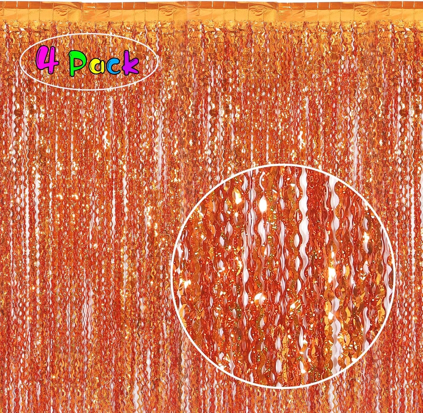 4 Pack Orange Wavy Metallic Tinsel Foil Fringe Curtains | 3.3 ft x 6.6 ft Party Streamer Backdrop Photo Booth for Orange Basketball Party Decorations Holloween Christmas