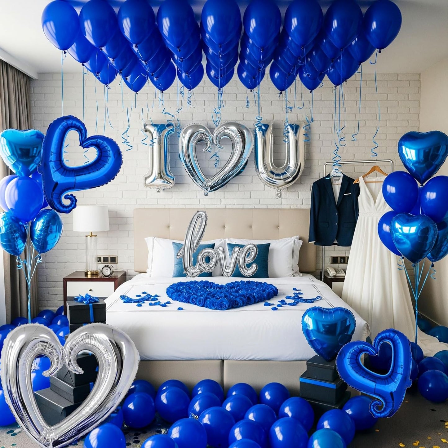 I Love You Balloons for Him/Her Balloons Royal Blue Sliver romantic balloon kit with blue heart mylar balloons blue rose petals for hotel Decorations Valentines Party wedding anniversary supplies