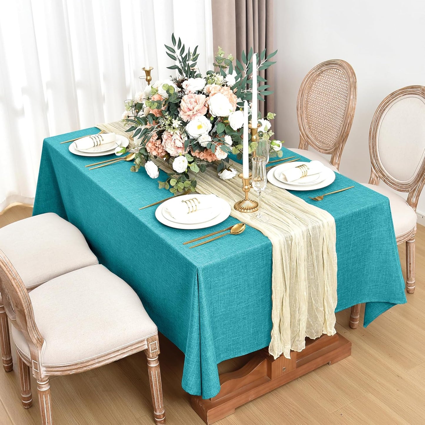 Fitable Faux Linen Tablecloths for Rectangle Tables: Water & Stain Resistant Farmhouse Table Cloth, Washable Burlap Textured Table Covers for Kitchen Dining Party(2 Pack, 60x102 Inch, Teal)