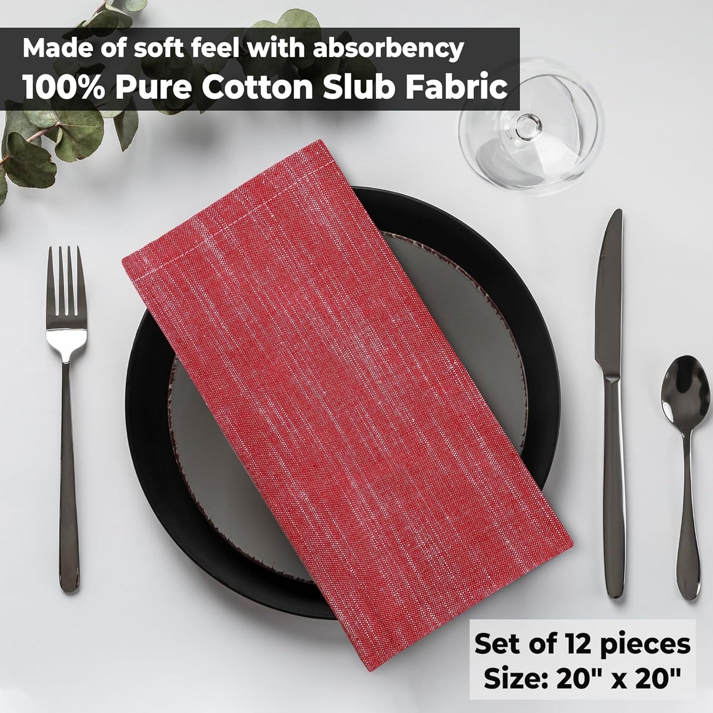 Urban Villa Dinner Napkins Red White Chambray Cloth Napkins (Set of 12) Oversized 20x20 Inches 100% Cotton Slub Premium Quality Soft Durable Mitered Corners Reusable Washable Everyday Use Napkins