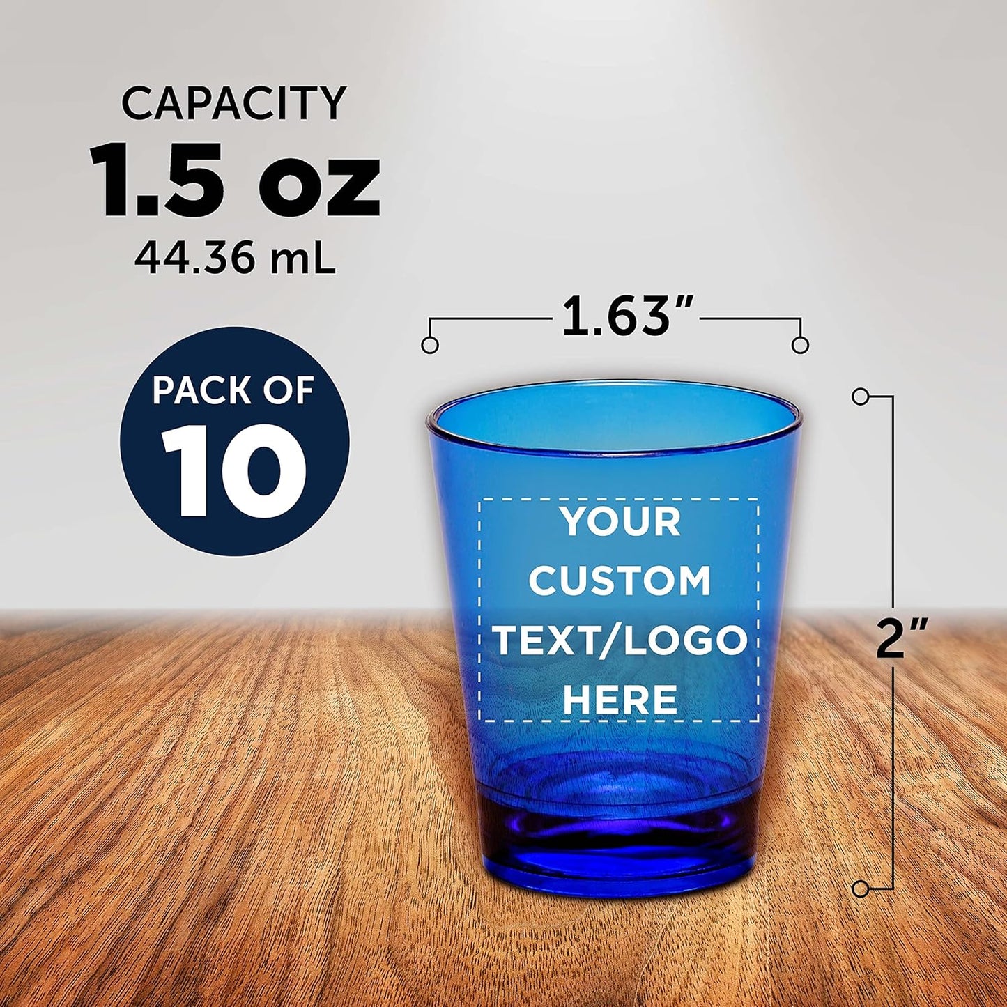 Custom Translucent Plastic Shot Glasses 1.5 oz. Set of 10, Personalized Bulk Pack - Acrylic, Great for Wedding, Party, Birthday, Gifts - Blue