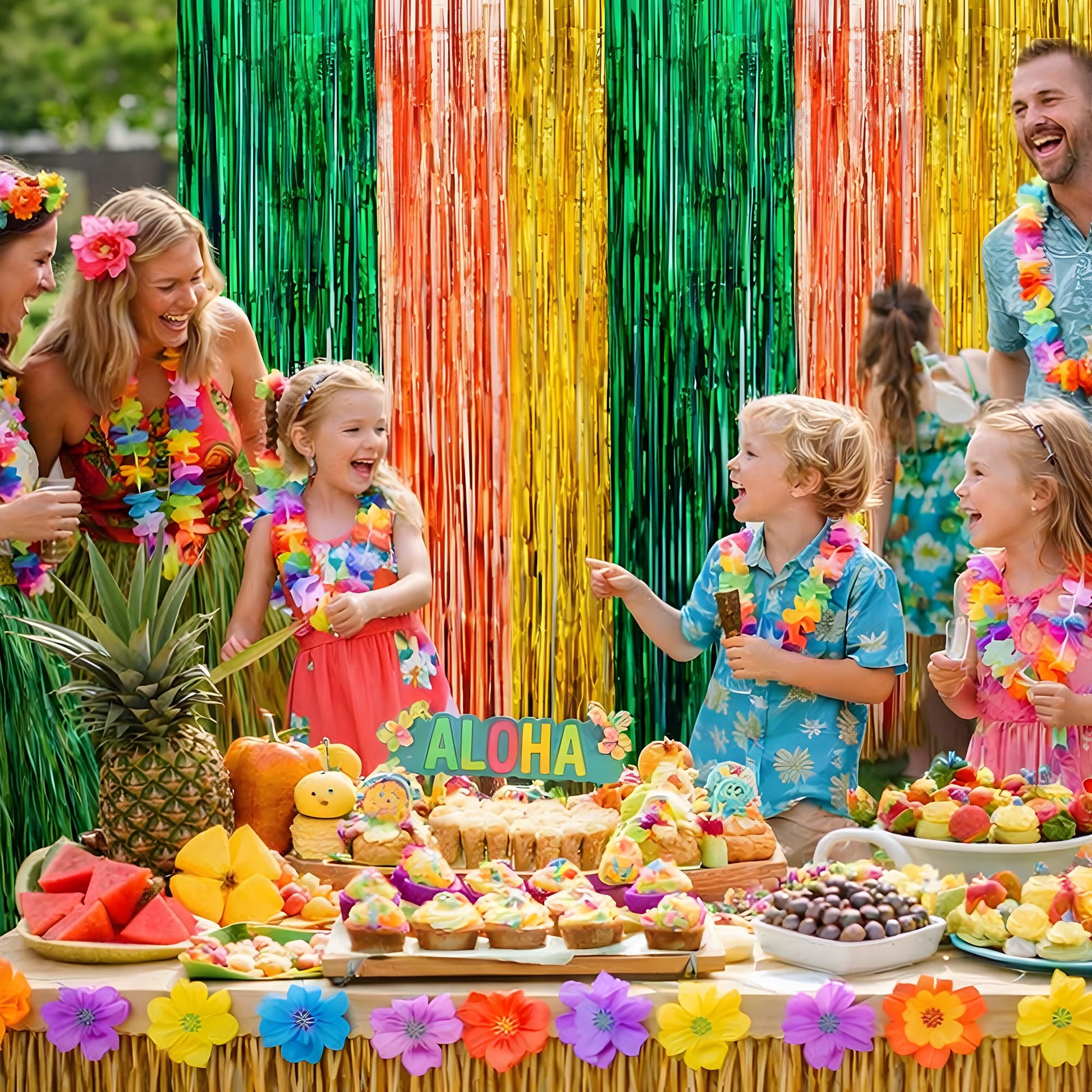 Luau Party Decorations - Green Gold Rose Tropical Streamers Backdrop Banner | Hawaiian Party