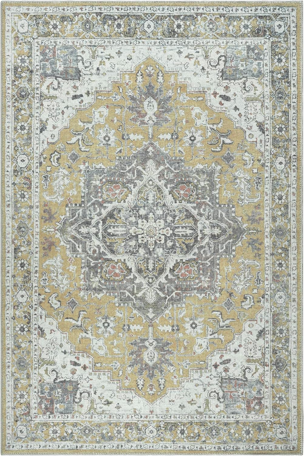 Bloom Rugs Washable Non-Slip 5' x 7' Rug - Yellow Traditional Medallion Area Rug for Living Room, Bedroom, Dining Room, and Kitchen - Exact Size: 5' x 7'