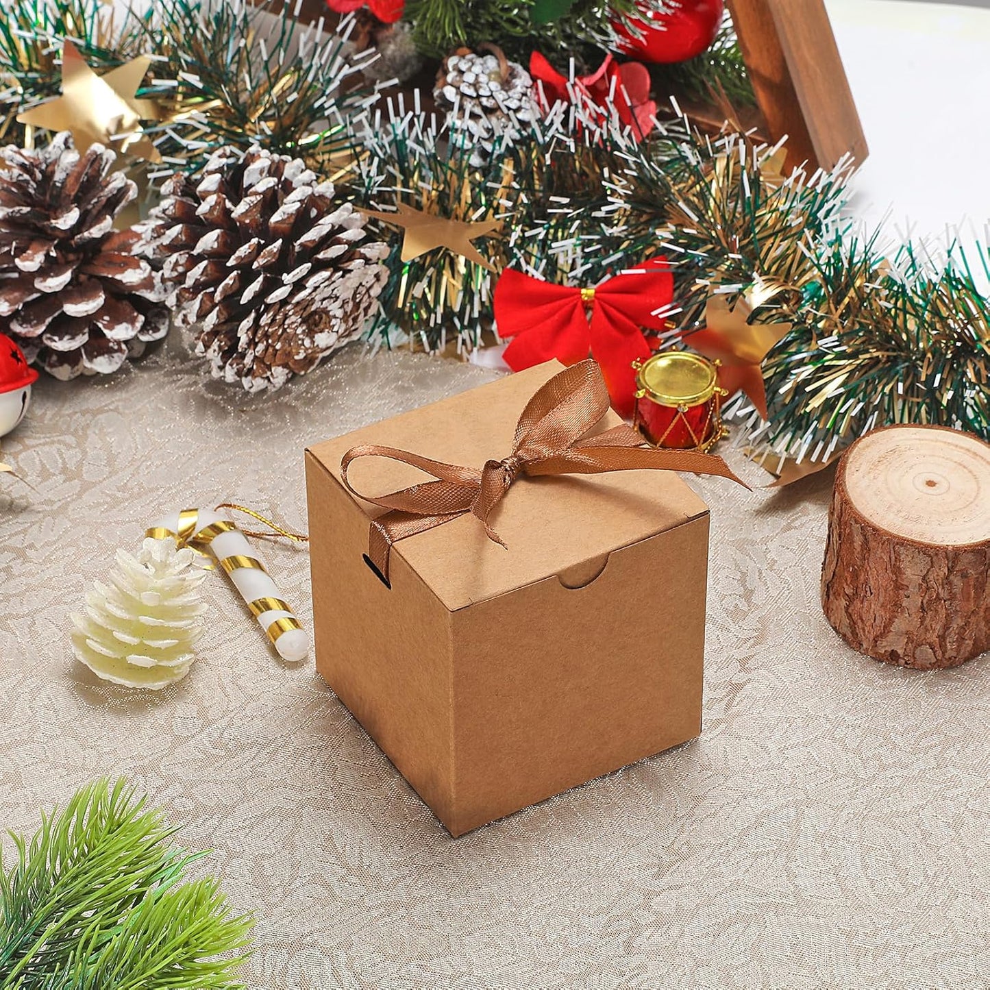 DOYIDE 60 Pcs Small Gift Boxes, 3x3x3 inches Kraft Paper Gift Box with Ribbons, Brown Candy Boxes for Christmas Wedding Favors Baby Shower Bridal Shower Birthday Party